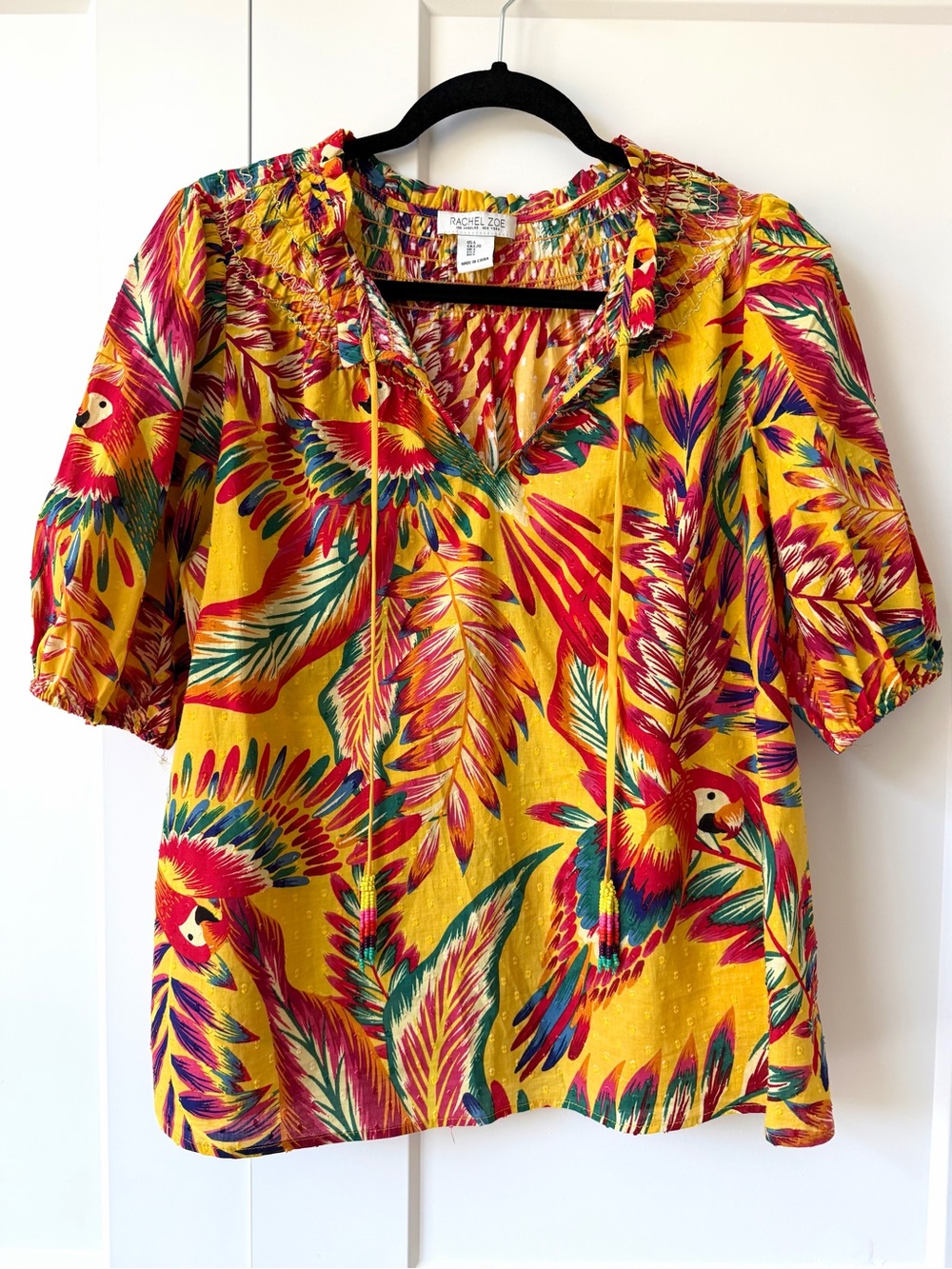 Yellow tropical parrot puff sleeve blouse